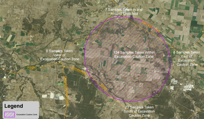 2015 08 10 SE Queensland Dept map showing massive extent of contamination by Linc Energy south Chinchilla, 300 sq km area landowners told not to dig