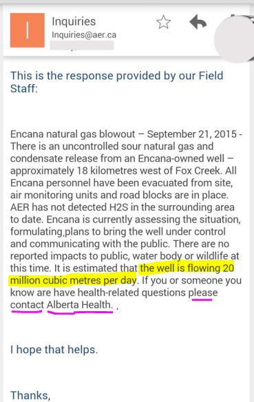 2015 09 23 AER-response-health-impacts from Encana's sour gas condensate blow out at Fox Creek-identity3, spewing 20 million cubic metres a day
