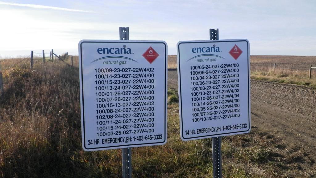2015 10 21 Encana cumulative impacts at Rosebud, Alberta, more well legal land description signs