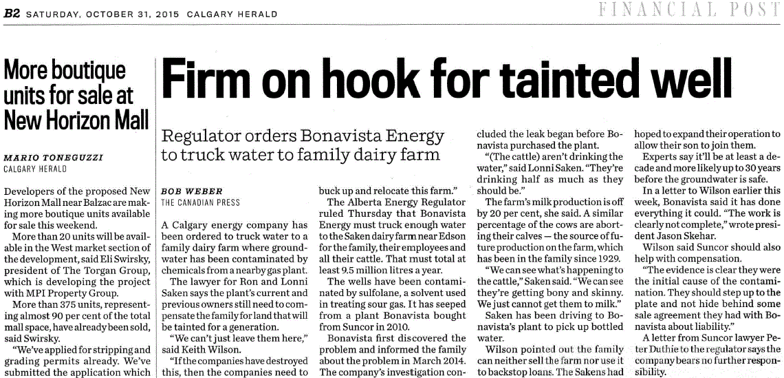 2015 10 31 Bonavista ordered by AER to deliver safe water to Sakens dairy farm, in Financial Post, snap