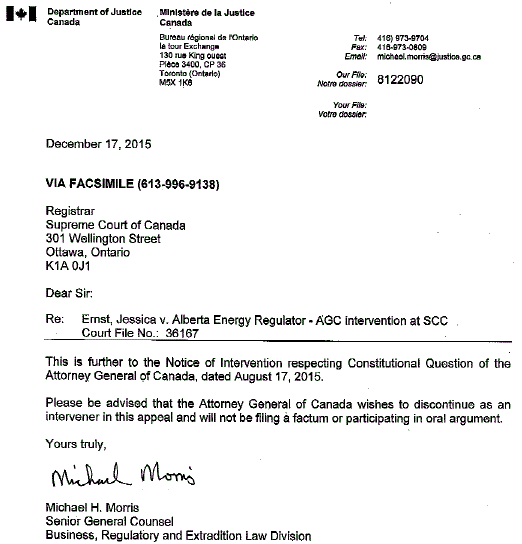 2015 12 17 Attorney General of Canada Notice of Withdrawal of Intention to intervene, Ernst vs AER (Supreme Court Canada 36167) snap