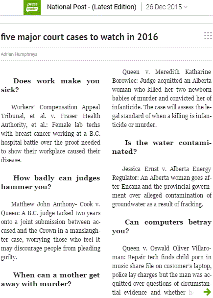 2015 12 26 five major court cases to watch in 2016 in press reader, National Post '2016 Outlook'