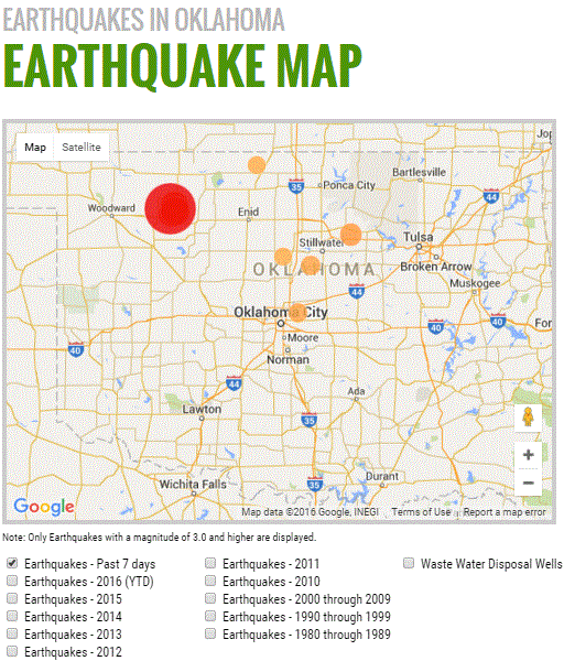 2016 02 13 Oklahoma earthquake map last 7 days