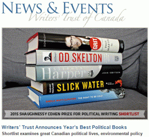 2016 03 02 Writer's Trust announceds year's best political books, Shaughnessy-Cohen-Shortlist-2015 includes Andrew Nikiforuk's Slick Water