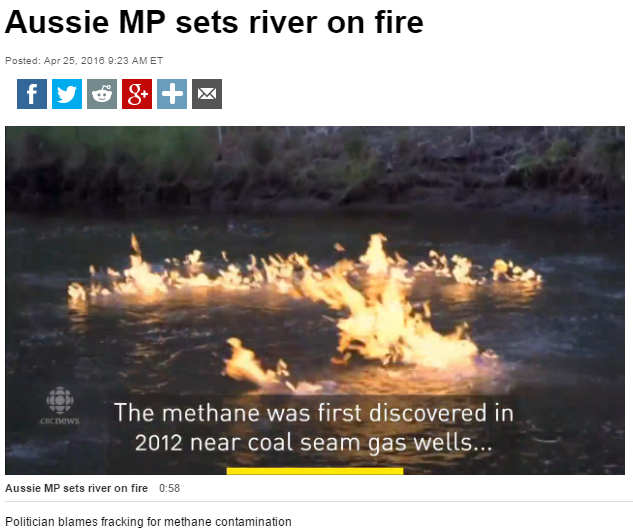 2016 04 25 CBC website main page 'Must Watch' video, 'Aussie MP sets Condamine River on fire, near CBM CSG wells frac'd by 3 companies