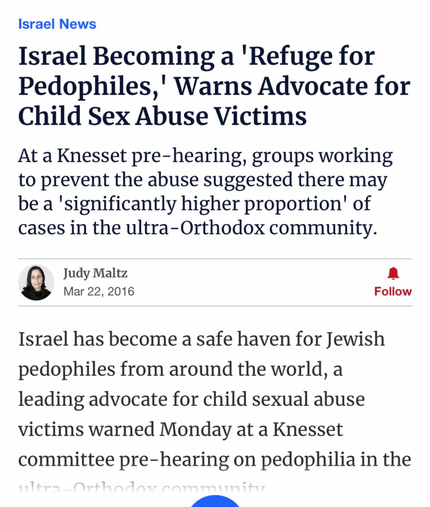 Snap of 2016 05 22 article in Haaretz by judy maltz, headlined "israel becoming refuge for pedophiles warns advocate for child sex victims. At a Knesset pre-hearing the abuse suggested there may be a 'significantly higer proportion' of cases in the ultra-Orthodox community"