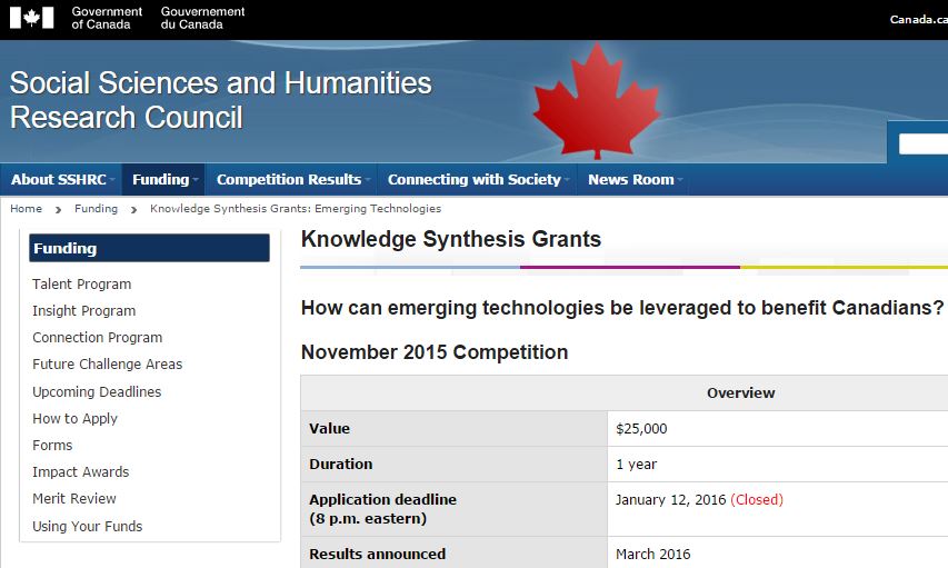 2016 06 02 snap taken Govt Canada Social Science and Humanities Research Council Knowledge Synthesis grants