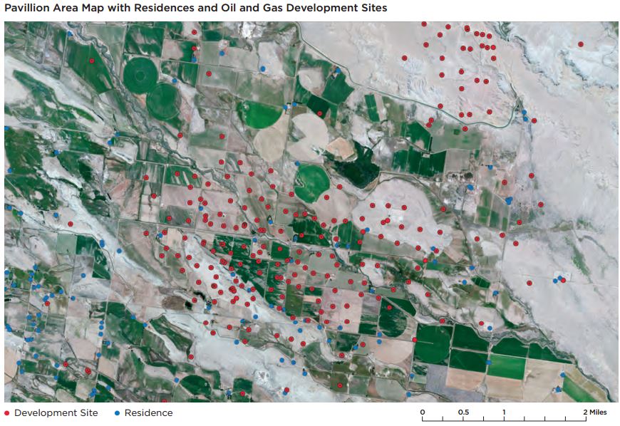 2016 06 16 Encana Pavillion Wyoming frac field, blue dots residences, red dots energy production sites