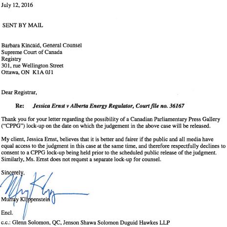 2016 07 12 Klippensteins to SCC, declines consent re media lock-up request by Parliamentary Press Gallery