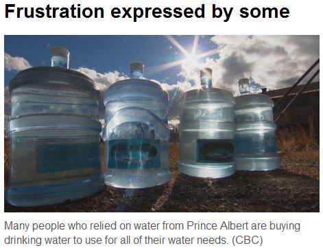 2016 07 27 CBC visual, article Husky Bitumen spill in N Saskachewan River, drinking water bottles