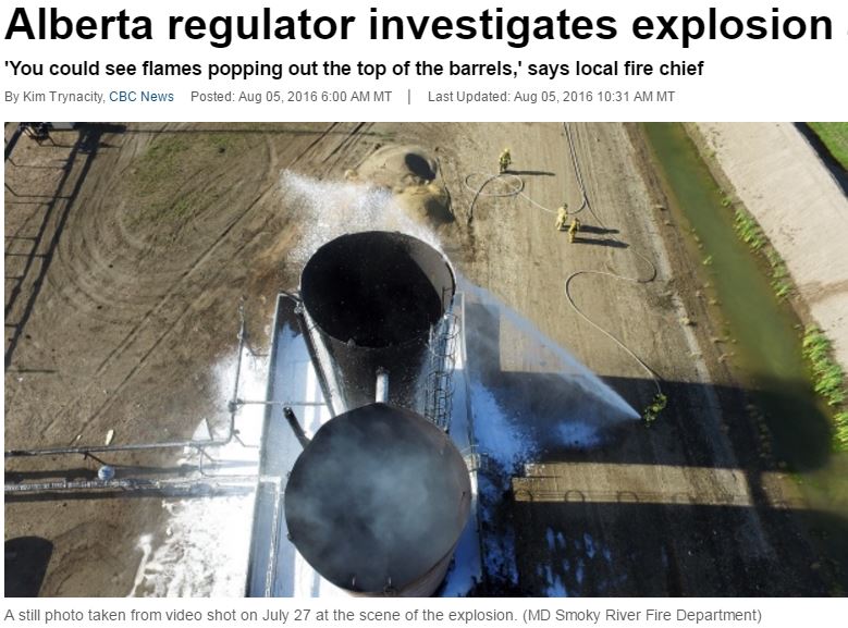 2016 08 05 AER investigates explosion at shut in well site near Nampa Alberta snap w firefighters