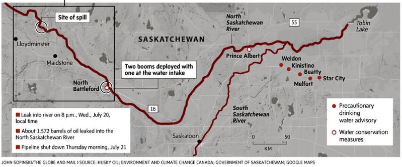 2016 08 27 part of diagrams in Globe and Mail, inadequacy of response to Husky chemical and bitumen spill N Saskatchewan River