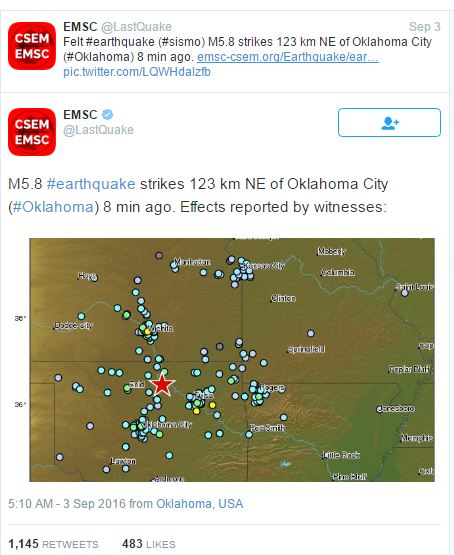 2016 09 03 Pawnee Oklahoma earthquake, originally reported as 5.8M