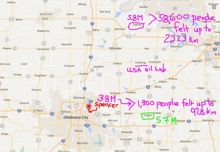 Spencer, Oklahoma 3.8M earthquake felt by 1,300 people up to 928 km