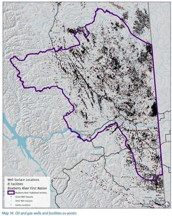 2016 Blueberry River First Nations Cumulative Impacts Atlas, Map 14 Oil and gas wells and facilities as points