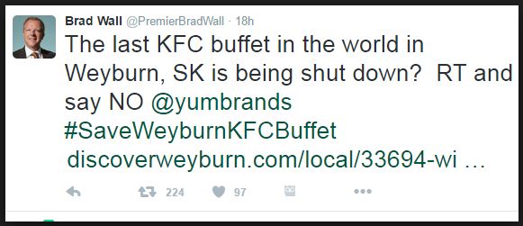 2016 Brad Wall Twitter save KFC Weyburn, while saying nothing to save drinking water in Saskatchewan after Husky toxic bitumen spill
