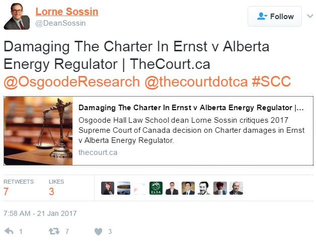 2017 01 20 tweet 'Damaging the Charter' Ernst v. Alberta Energy Regulator by Lorne Sossin