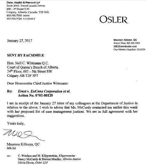 2017 01 27 snap letter Encana, Osler to CJ Neil Wittmann agreeing fully w Alberta Justice's 6 preferred justices to replace him case management Ernst vs Encana