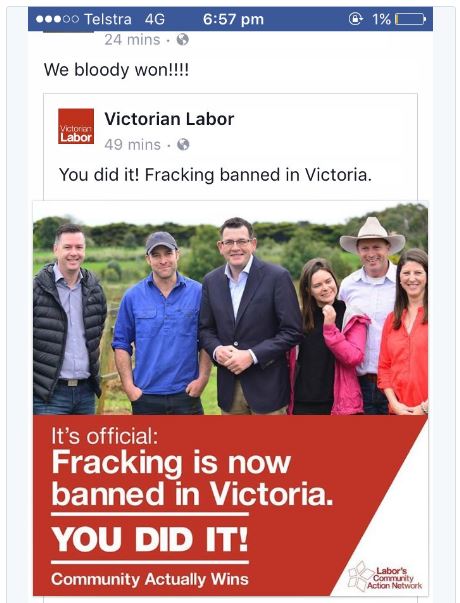2017 03 07 'We Bloody Won' Victoria Australia bans fracking