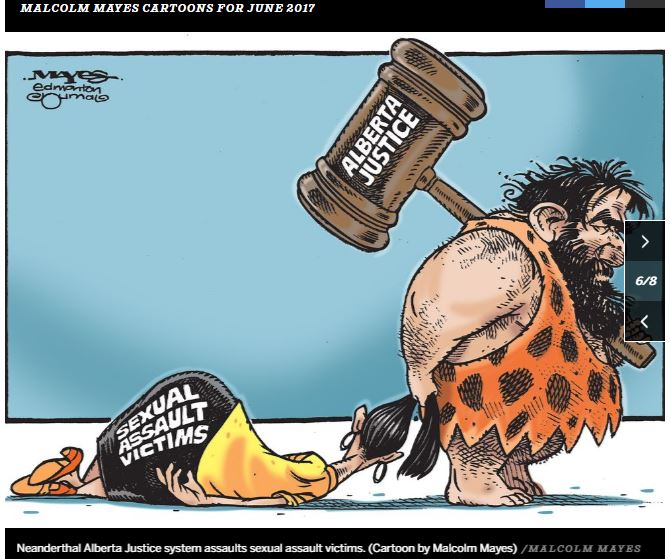 This image has an empty alt attribute; its file name is 2017-06-Malcolm-Mayes-Cartoon-Neanderthal-Alberta-Justice-system-assaults-sexual-assualt-victims.jpg