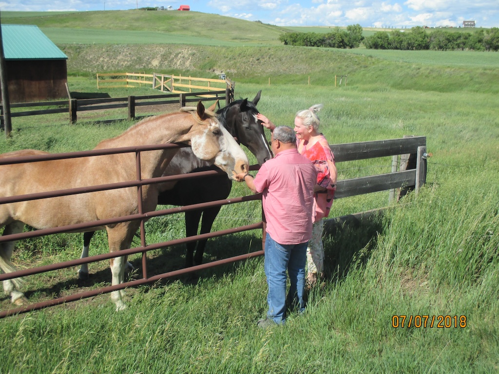 Melo and Jessica with her neighbours' horses, Dex and Tux on green pasture at Rosebud, Alberta, showing corrals and a barn, with the community's water facility on top of the coulee