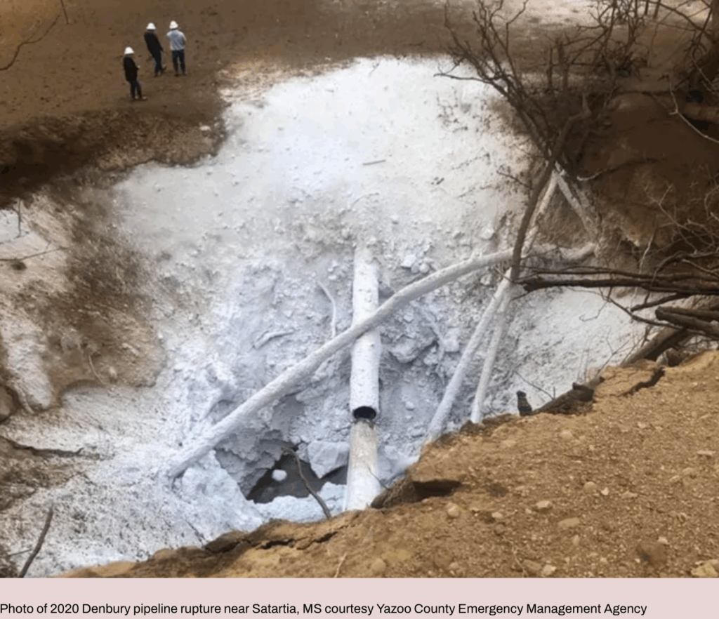 2022 Denburys CO2 Pipeline Rupture Satartia, MS, showing massive hole lathered in white where the CO2 pipeline ruptured, spewing deadly CO2, injuring dozens, stopping vehicles