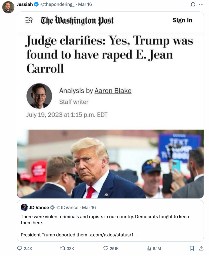 2025 tweet by Couch Fucker JD Vance leaving out that his boss, president Orange Blog is a rapist and needs to deport himself. Countered with 2023 washington post headline that says, "judge clarifies: yes trump was found to have raped e. jean carroll"