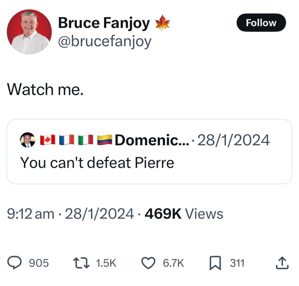 2024 01 28 tweet by Bruce Fanjoy saying "Watch me." in response to tweet by Domenic boasting, 'You can't defeat Pierre."