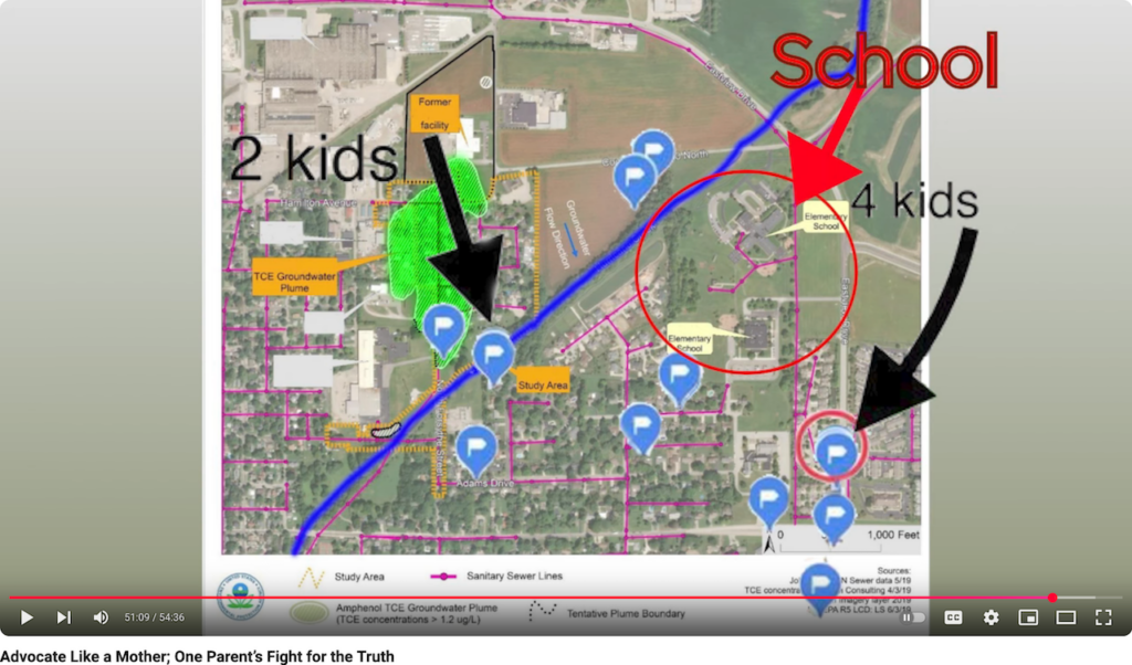 map showing plume of TCE groundwater contamination, in Advocate Like a Mother One Parent’s Fight for the Truth, near schools and where homes were built over top of a chemical know by industry and regulators to intrude into indoor spaces via sewers and soils