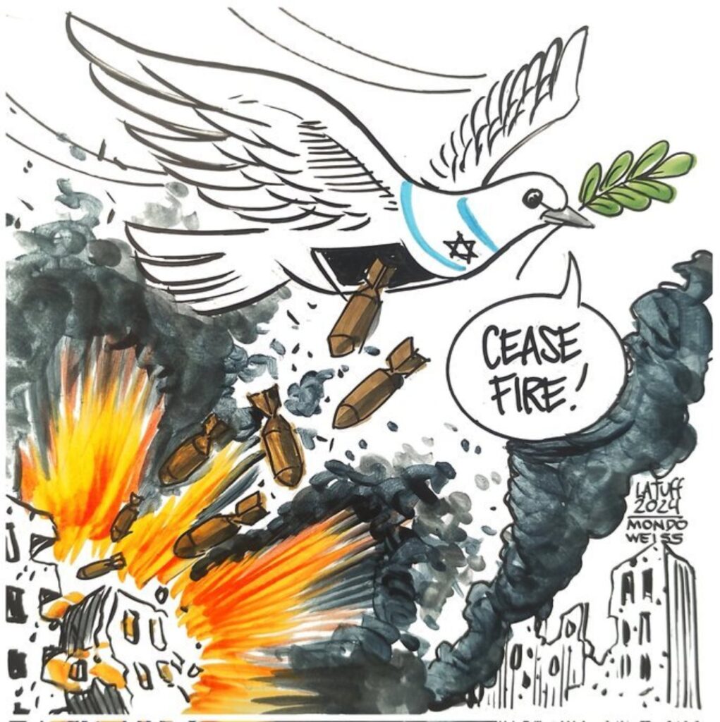 2024 Carlos Latuff cartoon showing Israel's peace dove dropping bombs on gaza while yelling ceasefire