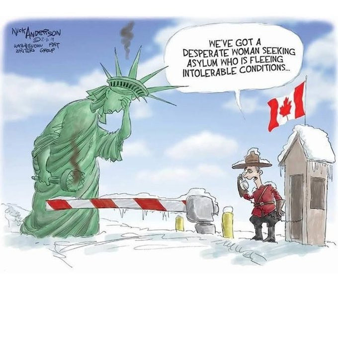 Nick Anderson cartoon showing a desperate Lady Liberty at the border fleeing intolerable conditions, seeks asylum in Canada