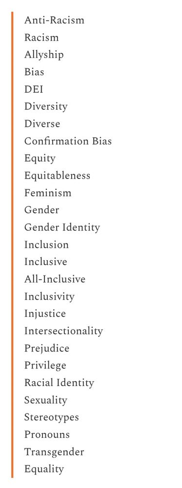 words banned by the idiot nazis of usa: Anti-Racism Racism Allyship Bias DEI Diversity Diverse Confirmation Bias Equity Equitableness Feminism Gender Gender Identity Inclusion All-Inclusive Inclusivity Injustice Intersectionality Prejudice Privilege Racial Identity Sexuality Stereotypes Pronouns Transgender Equality
