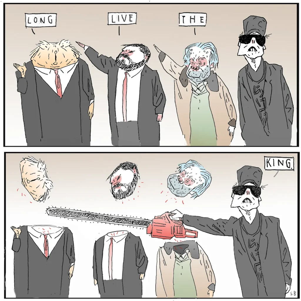 2025 02 22 Best cartoon ever, by Steve Brodner: Crowned Heads, long live the king shows four men, from left to right: USA Fake President Donald Trump, painted orange as usual, Couch Fucker VP JD Vance in Nazi salut, unsightly convicted felon Steve Bannon also in Nazi salut, real USA Pres Nazi Musk slices off their heads with his gifted chainsaw from Argentinian Nazi President Javier Gerardo Milei. So many Nazis, so little time.