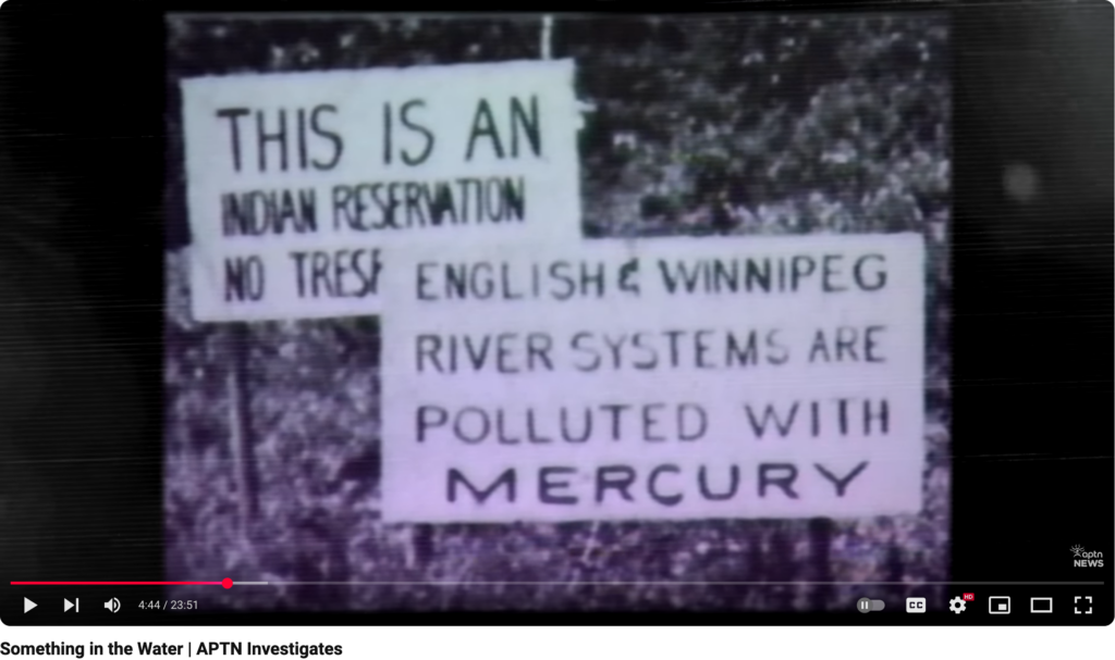 Youtube news report by ATPNews, showing signs at Grassy Narrows First Nations naming the nation and the other saying, "English & Winnipeg River Systems are Polluted with Mercury"