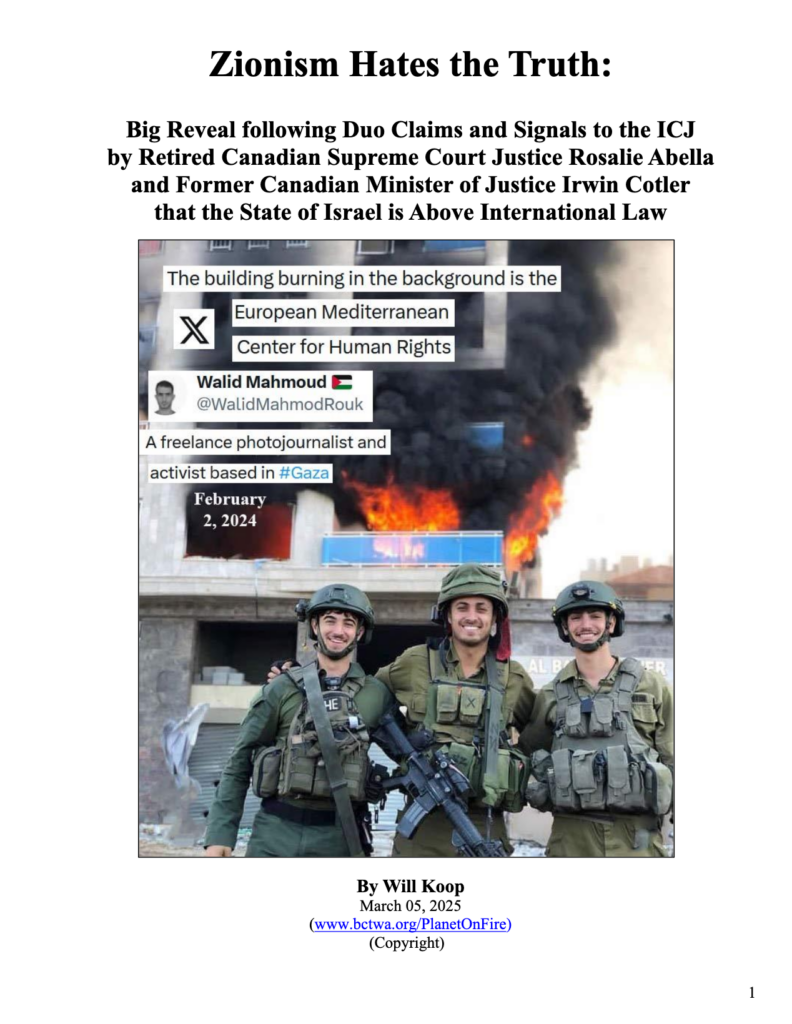 Cover of new report by Will Koop, Zionism Hates the Truth, showing three smiling IDF soldiers posing in front of the European Mediterranean Centre for Human Rights burning