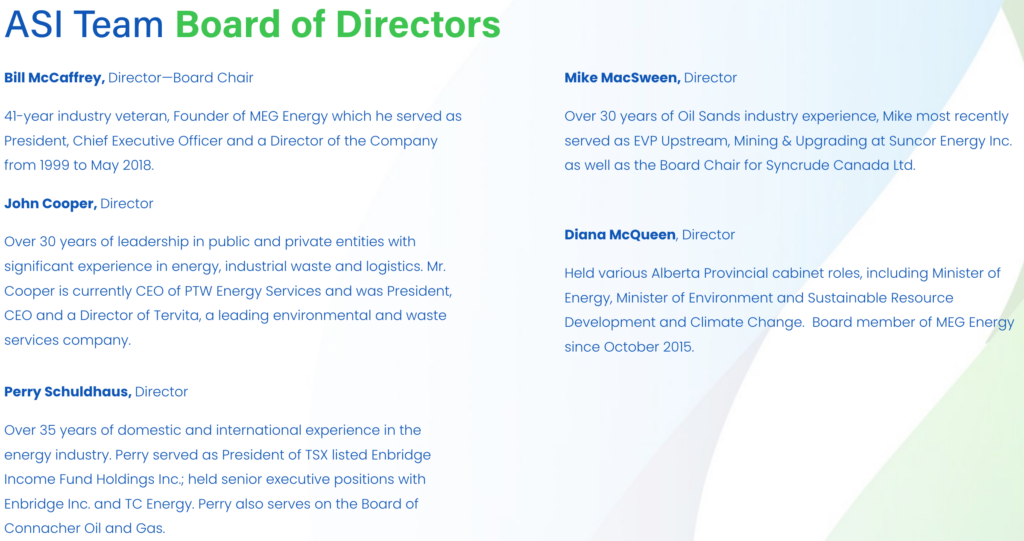 Snap taken from Aqua Solutions Inc website, Board of Directors page, shows ex environment minister of Alberta, Diana McQueen