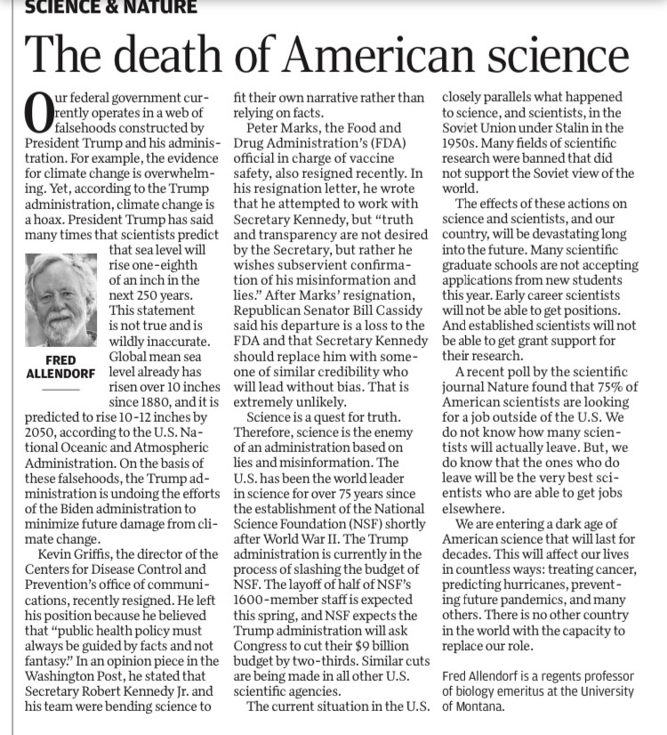 Snap of an article by Fred Allendorf in the Missoulian newspaper, Science & Nature section, entitled, "The Death of American Science."