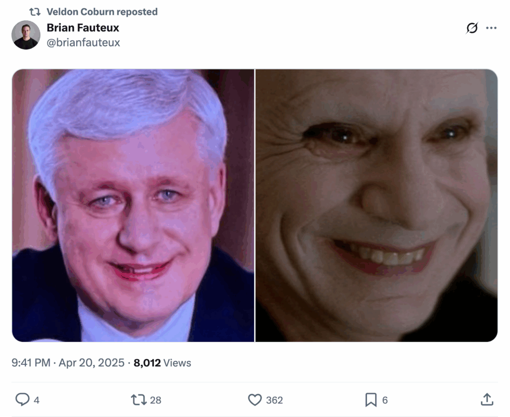 2025 Steve Harper, Canada's PM that voters furiously voted out after years of unlawful election meddling, in make up, endorsing Pee Pee Pierre Poilievre