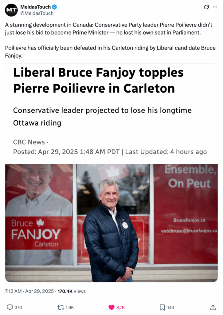 2025-04-30 Meidas Touch tweet Con Party leader Pierre Poilievre didn’t just lose his bid to become PM, he lost his own seat in Parliament, defeated by Bruce Fanjoy with photo of Bruce in front of his signs and office