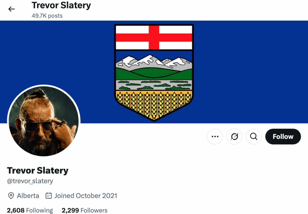 2025-04-30 snap header on x of Albertan, douche Trevor Slatery (who can't cope w bruce fanjoy ousting creepy peepee poilievre, so called him retarded). Shows image of an angry man with bun and lots of jewelry