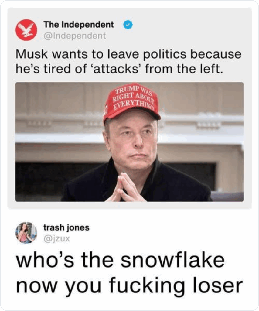 2025 04 The Independent headline: Musk wants to leave politics because he's tired of 'attacks' from the left, Trish Jones tweets: "who's the snowflake now you fucking loser"