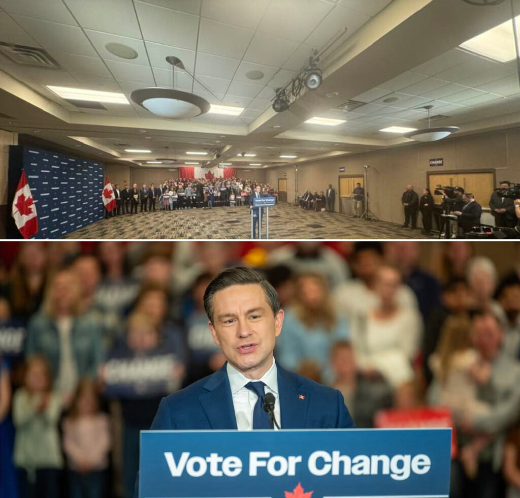 2025 04 Liar liar Pierre Poilievre and Harper's lying extreme women, girls and life-hating Evangalical Nazi Con Party of Canada: Perspective is everything, conning the public w fake crowds, shows two photos, the upper one is Poilievre standing at lecturn in front of a tiny crowd far behind him, to make the 2nd close-up photo below appear the crowd is massive