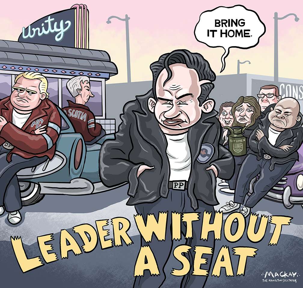 May 1, 2025: Graeme MacKay cartoon: Pierre Poilievre, leader without a seat, "Bring it home" shows division between Nova Scotia and Ontario cons against Pee Pee, Pierre with his cruel klan, anti Canada quisling Danielle Smith with a jug of polluting toxic deadly bitumen, ousted reforma con leader Andrew Sheer, Saskatchewan Premier Scott Moe, best pal of Nazi JD couch fucker Vance, Jimal Jivani hanging out at a diner like the hate and rage farming thugs they are