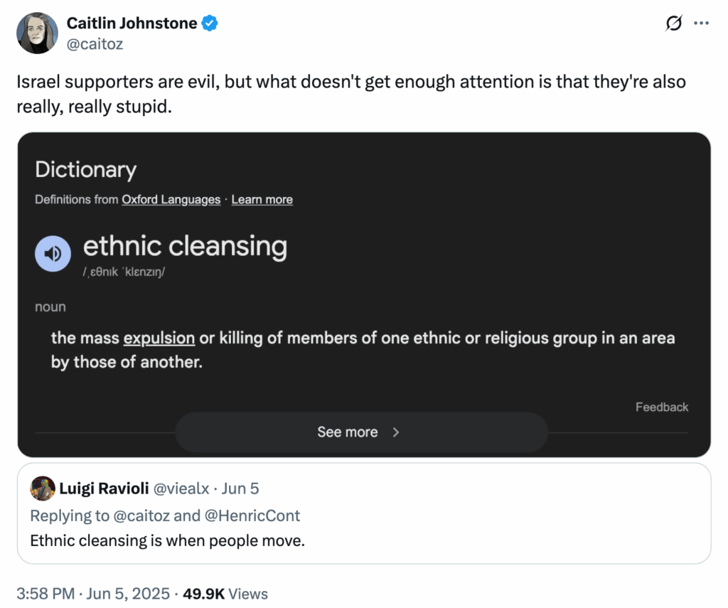Caitlin Johnstone writes: 'Israel supporters are evil, but what doesn't get enough attention is that they're also really, really stupid' and provides snap of oxford definition of ethnic cleasing, 'the mass explusion or killing of members of one ethnic or religious group in an area by those of another, responding to Luigi Ravioli saying, 'ethnic cleansing is when people move.'