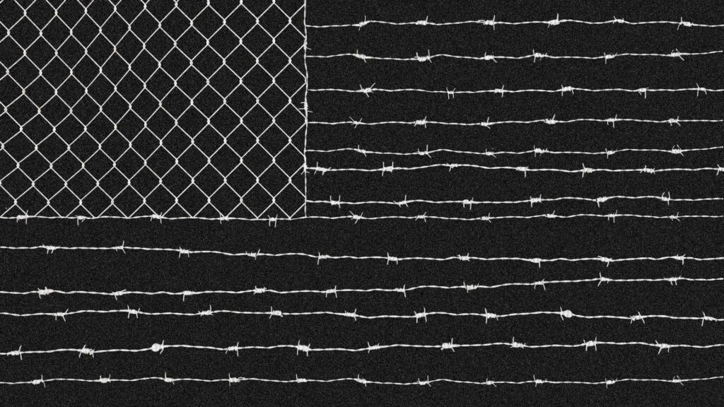 Celebrate July 4th, 2025 with a proposal by Aida Amer_Axios for a new big beautiful flag for Nazi USA: Chain link fence for the stars and barbed wire for the stripes, on solid black background. Perfectly cruel and sinister, as the Nazis and their orange rapist Trump are