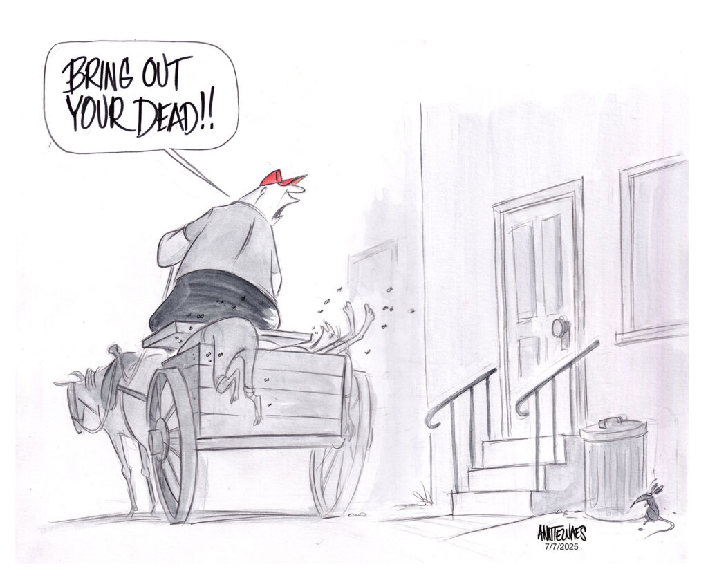 Cartoon by Ann Telnaes showing a MAGA man in red cap sitting on a cart pulled by horse with text bubble saying, "Bring out your dead!" going past a house with garbage can at bottom of the entry steps and a rat quaking behind it