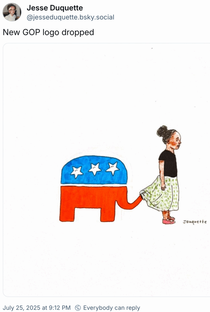 Cartoon by Jesse Duquette with tweet that says "New GOP Logo dropped" image shows the USA GOP elephant putting its trunk up a little girl's skirt from behind.