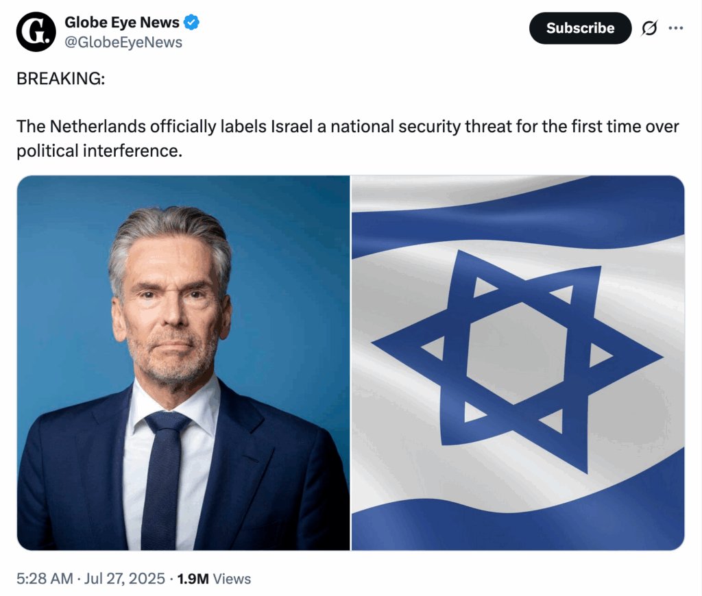 GlobeEyeNews tweet: "BREAKING: The Netherlands officially labels Israel a national security threat for the first time over political interference."