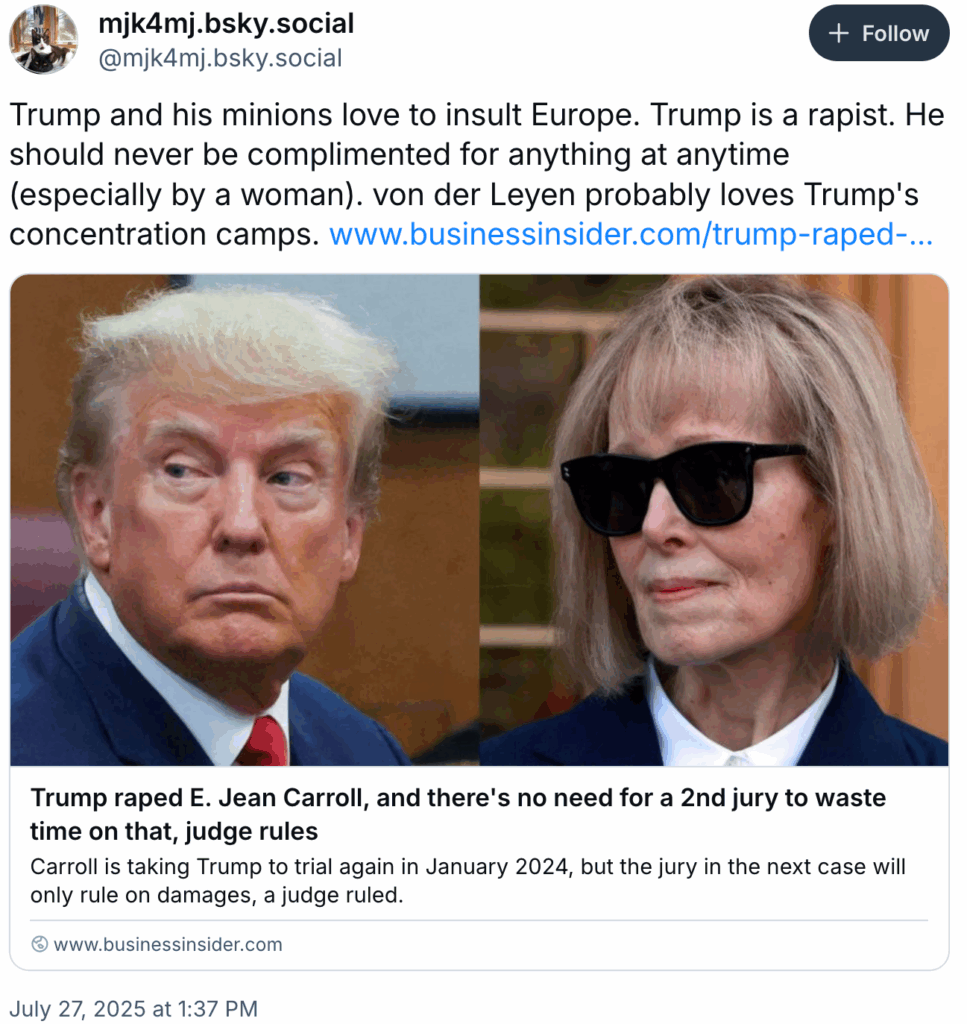 @mjk4mj.bsky.social‬ tweet: Trump and his minions love to insult Europe. Trump is a rapist. He should never be complimented for anything at anytime (especially by a woman). von der Leyen probably loves Trump's concentration camps. With snap of Business Insider article and photo of E. Jean Carroll and Trump, with headline that says, "Trump raped E. Jean Carroll, and there's no need for a 2nd jury to waste time on that, judge rules.