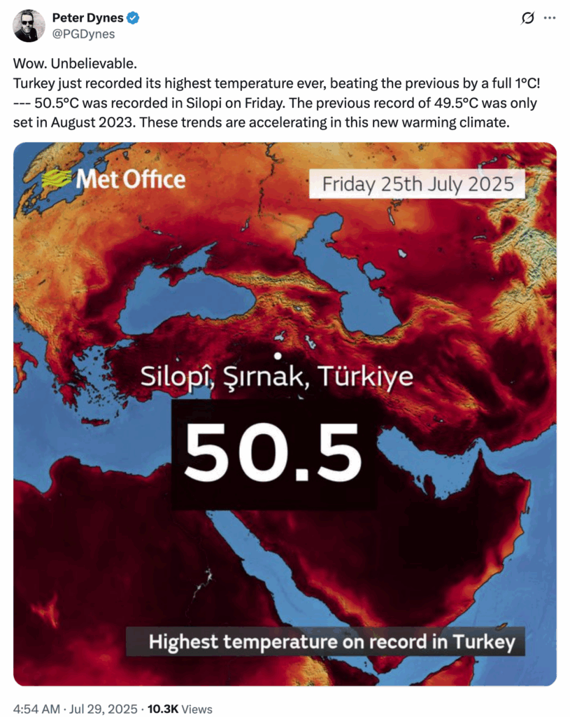 2025 07 25 Tweet by Peter Dynes Silpi Turkey record temp 50.0C, beat by full degreeC record set aug 2023, with heat map